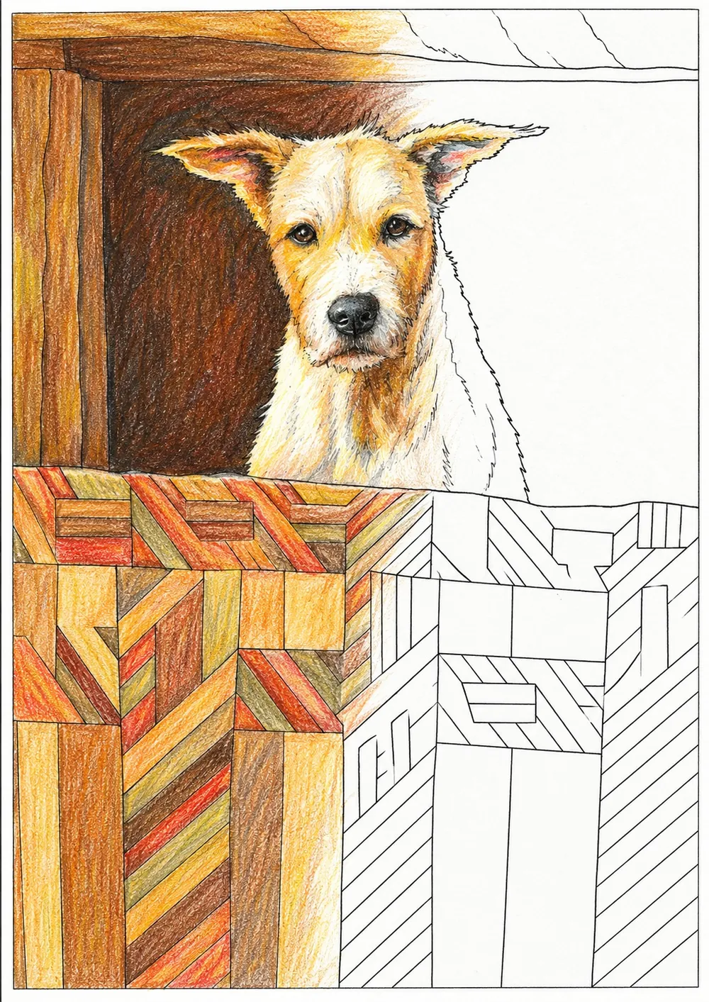 Lámina del mismo perro en líneas, coloreada a medias con lápices