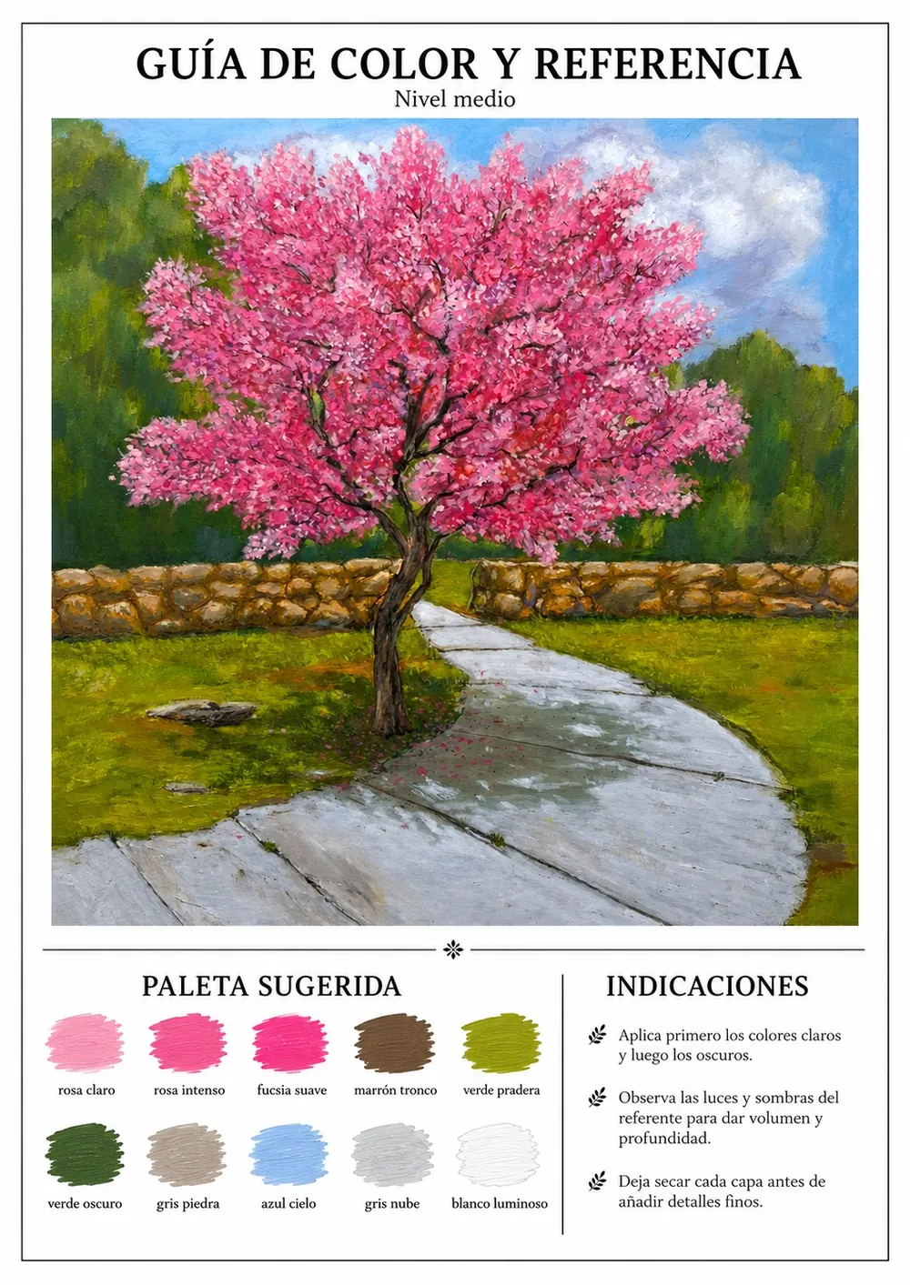 Página de guía de color con referencia de un árbol en flor y paleta sugerida