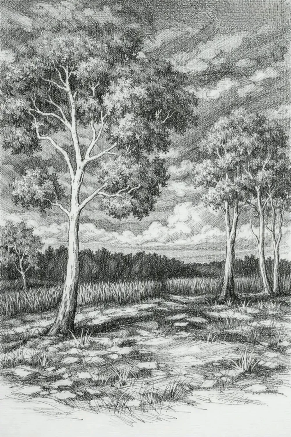 Lámina de paisaje con árboles