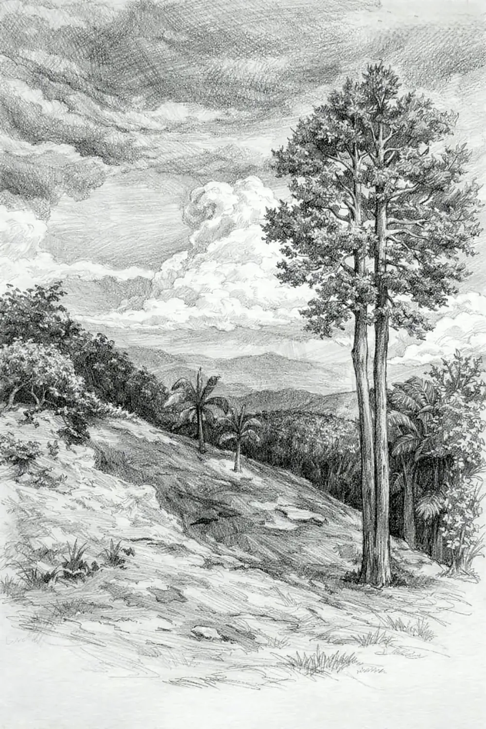 Lámina de paisaje con colina y árbol
