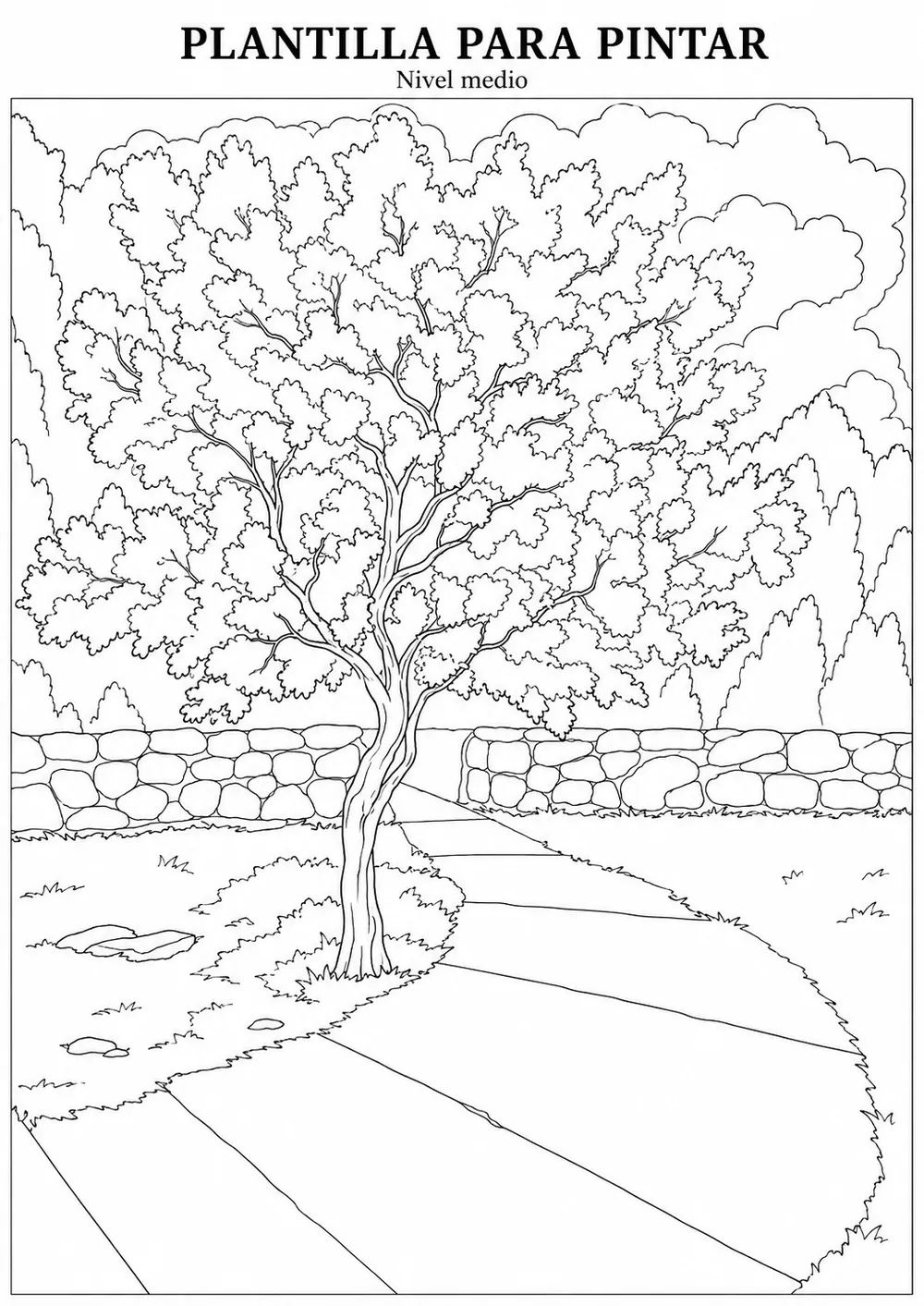 Plantilla para pintar de un árbol junto a un camino
