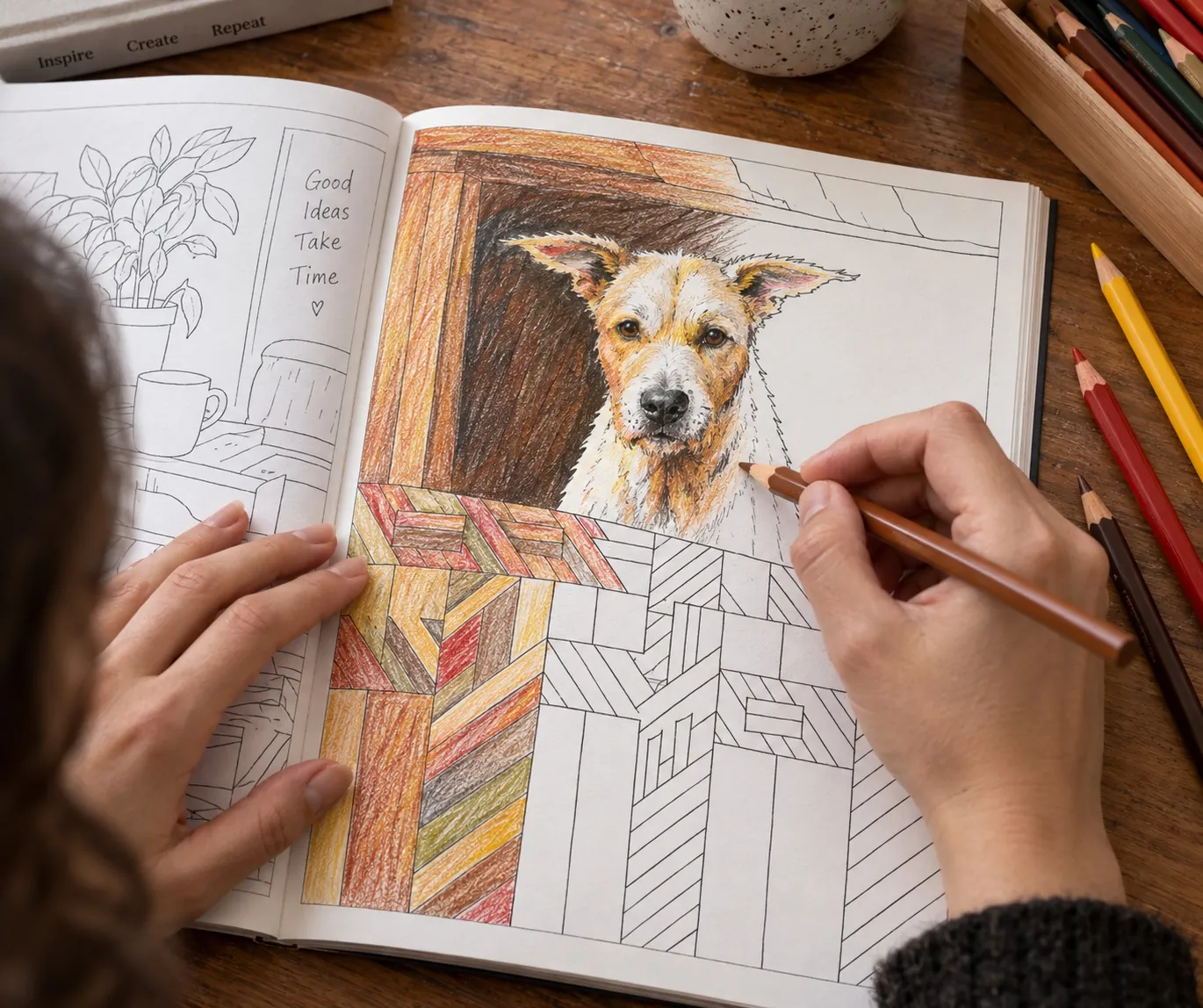 Manos coloreando una lámina del libro de Artia con lápices de colores
