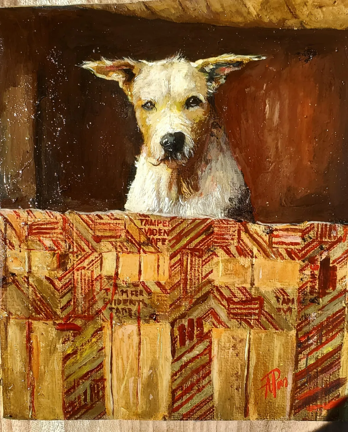 Pintura realista de un perro asomado sobre una caja